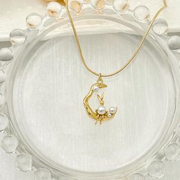 Pendant Necklaces Minar Handmade Simulated Pearl Metallic Cartoon Pleated Moon For Women Girl Herringbone Choker Necklace