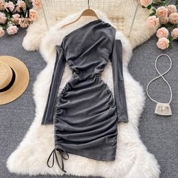 Casual Dresses YuooMuoo Sexy Sheath Women's Dress Black Diagonal Collar Long Sleeve Club Wear Bodycon Ruched Package Hips Mini