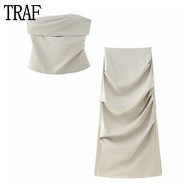 Women's Blouses Shirts TRAF Pleated Crop Top Women Khaki Off Shoulder Top Female Sexy Backless Tops Women Spring Sleeveless Tops and Skirts Sets 230705