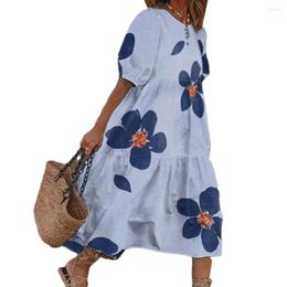 Casual Dresses Women Robe Midi Dress Vinatge Flower Print Loose Short Sleeves Round Neck Patchwork Soft Mid-calf Length Oversized Long