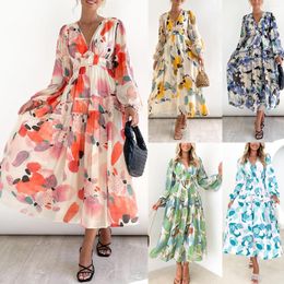 Casual Dresses Women's Fashion Bohemian Long Dress V-Neck Sleeve Floral Print Elegant Beach Party For Vacation