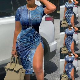 Casual Dresses Women Fashion Short Sleeve Drawstring Slit Faux Denim Print Dress Tie Waist Midi For