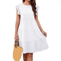 Casual Dresses Women Dress Boho Style Solid Color For 2023 Loose Round Neck White Summer Beach Travel