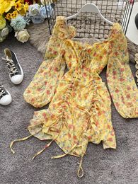 Casual Dresses French Vintage Sweet Westernized Reducing Square Neck Ruffle Lace Drawstring Fragmented Mini Chiffon Dress