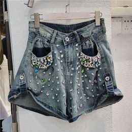 Women's Jeans Handmade Beaded Rhinestone Shiny Flanging Wide-Leg Denim Shorts Fashion Summer Streetwear Girls Short Jean