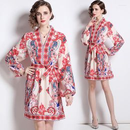 Casual Dresses Summer Fall Print V-Neck Long Puff Sleeve Women Ladies Party Fashion Demure Elegant Temperament Belt Tunic Short Dress