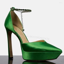 Dress Shoes Green Satin Platform Pointed Toe Sandals Women Leather Silk Pump Stiletto Crystal Tassel Heels Luxury Design Shallow