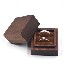 Jewelry Pouches Walnut Wood Ring Box Wedding Engagement Double Bearer Case Rustic Decor Wooden Decorative Storage Boxes