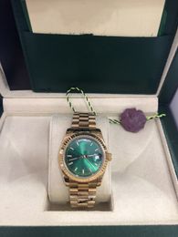 Original box certificate 18k Gold President Male Watches Day Date Diamonds Green dial Watch Men Stainless Bezel Automatic WristWatch 36mm