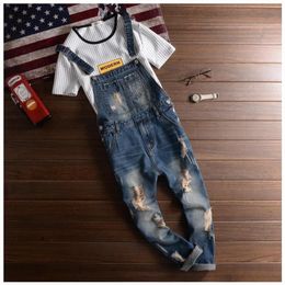 Whole-2016 Fashion Brands Ripped Jeans Bib Overalls Men Slim Fit Skinny Jeans Man Casual Destroy Wash Denim Jumpsuits Jeans Pa233K