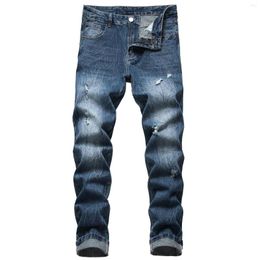 Men's Jeans Casual Trend Beggar Ripped Distress Straight Slim Non-Stretch Crease Denim Trousers