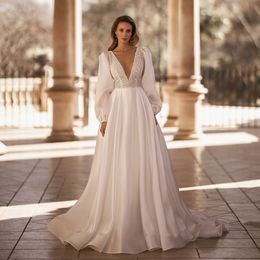 Elegant Pearls A Line Wedding Dresses Sheer Neck Backless Puffy Sleeve Bridal Gown Plus Size Bohoemian Vestiod De Mariee 326 326