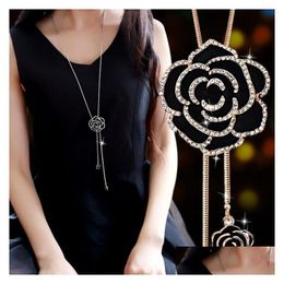 Pendant Necklaces Zircon Black Rose Flower Long Necklace Sweater Chain Fashion Metal Crystal Adjusted Jewellery Drop Delivery Pendants Dhnnd