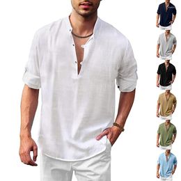 Men's T Shirts Fashion Mens Solid Colour Cotton Linen Breathable Loose Stand Collar Shirt Beach Vacation Daily Style Men Clothes Tops
