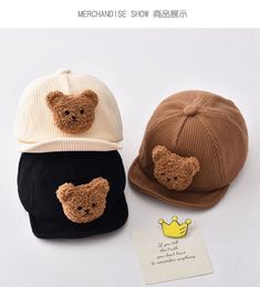 12pc/lot Baby Cap Corduroy Babes Caps Cartoon Bear Hat Baseball Cap for Girl Elastic Caps for Baby Girls Boys Autumn Winter Hat