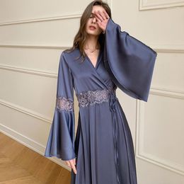 Women's Sleepwear Summer Robe Silk Satin Long Flare Sleeve Sexy Lace Patchwork Nightwear French Elegant Backless Kimono Bathrobe