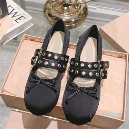 Leather Ballerinas Shoes Designer Women Flat Bottom Bow Elastic Mary Jane Sandals Summer Dance Shoes