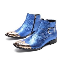 Shoes High Quality Genuine Leather Ankle Boots For Men Blue Snake Skin Steel Toe Buckle Man Dress Flats Bota Masculina