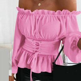 Women's Blouses Women Shirt Shoulderless Shirring Ruffle Backless Lady Top Tight Waist Lace Up Long Lantern Sleeves Female