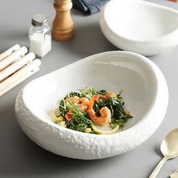 Unique Rock Pattern Irregular Shape Dinnerware Salad Bowl Restaurant Deep White Dinner Dishes Ceramic Porcelain Plates