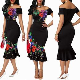 Dashiki African Print Dresses For Women Evening Party Dresses Flower Cotton Dress Ladies Clothes Off Shoulder Sexy Dress1345Z