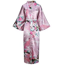 Long Style Loose Japanese Satin Peacock Woman Yukata Dress Sleepwear Oriental Kimono Haori Chinese Qipao Nightgown Robe230w