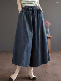 Women's Jeans Retro Wide Leg Casual LOOSE Elastic Waist Blue Harajuku Fashion Skirt Pants High Solid Oversize