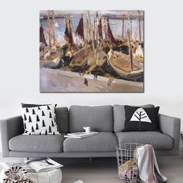 Handmade Impressionist Canvas Art carver boats in the Port of Valencia - Joaquin Sorolla Y Bastida Seascape Artwork with High Quality
