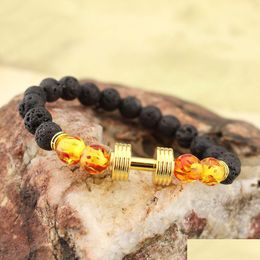 Beaded New Arrival Lava Rock Beads Bracelets With Gold Dumbbell Amber Lampwork Glass Stretch Bangle For Women Men Fashion Jewellery Dr Dhzzf
