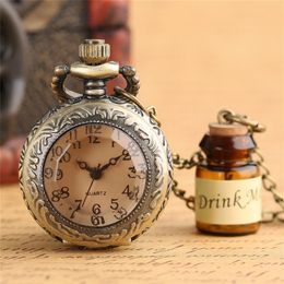 Vintage Creative Drink Me Glass Bottle Pocket Watches Quartz Analog Watch for Women Lady Girl Clock Necklace Pendant Chain Gift320L