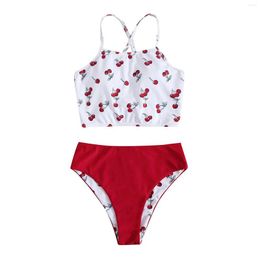 Women's Swimwear Women Cherry-Printed Push-Up Padded Bra Beach Bikini Set Swimsuit Beachweart Tankini 2023 Bathing