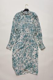 Casual Dresses Viscose Blue Floral Print Pleated Shoulder Pad Midi Dress