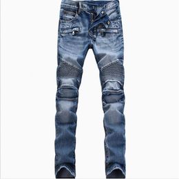 Biker Jeans man Moto Denim Men Fashion Brand Designer Ripped Distressed Joggers Washed Pleated motorcycle Jeans Pants Black Blue2464