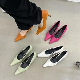 Dress Shoes Fashion Women Pumps Pointed Toe Shallow Slip On Green Orange White Rose Thin High Heels Office Size 35-39