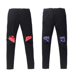Men's Jeans Washed hole cat beard patchwork cashew nut purple red amoeba jeans slim fit micro elastic jeans282t
