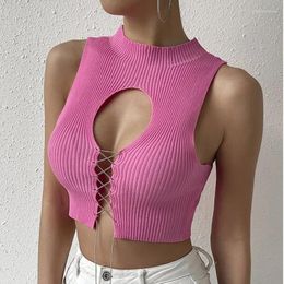Women's Tanks European And American Vest Top Sexy Spicy Girl Hollow Bandage Solid Colour Short Fit Knitted T-shirt Tank