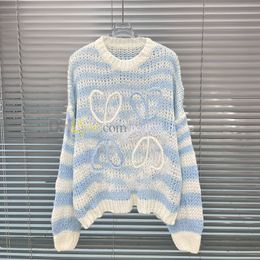 Women's Sweaters Luxury Women Knitted Tops Blue White Striped t Shirts Puffy Sleeve Sweater Autumn Spring Casual Top Lady Daily Sexy Hollow Jumper Shirt