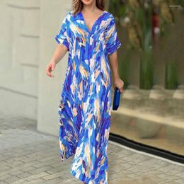 Casual Dresses Women Maxi Dress Short Sleeves Colourful Print V Neck Loose High Waist Oversized Colorfast Ankle Length Summer