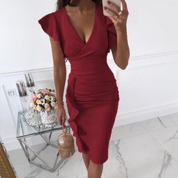 Casual Dresses Elegant Office Lady Bodycon Dress Summer Women Vneck Ruched Pencil Ruffles Short Sleeve Wrap Party V-Neck Slim