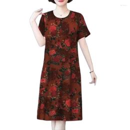 Casual Dresses Summer Middle-aged And Elderly Fashion Ladies Short-sleeved Printed Round Neck Loose Slim Straight Skirt Women.5XL