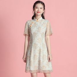 Double Colour lace improved cheongsam short sleeved standing neck cheongsam dress, new summer fashion retro women's clothing