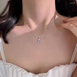 Chains 925 Sterling Silver Blue Droplet Necklace Women's Exquisite Collar Chain Moonlight Stone Pendant Summer Jewellery Birthday Gift