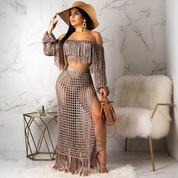 Zweiteiliges Kleid Sommerurlaub Sexy Frauen Rock Set Langarm Crop TopsLanger Rock Femme Set Mesh Durchsichtig Frauen Strand 2PCS Zweiteilige Sets 230705