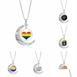 Pendant Necklaces New Rainbow Lgbt Gay Pride Moon Necklace For Women Men Love Glass Cabochon Chains Fashion Jewellery Gift Drop Delive Dhizp