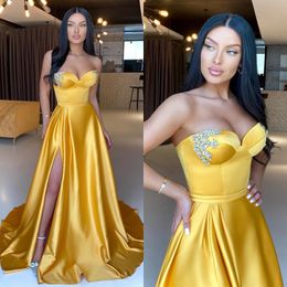 Sexy Gold A Line Prom Dresses Beads Sweetheart Evening Gowns Ruched Slit Formal Long Special Occasion Party dress
