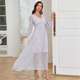 Ethnic Clothing Eid Muslim Middle East Dress Floral Print Women Party Casual Waist Long Dresses Ramadan Caftan Elegant Jalabiya Kaftan