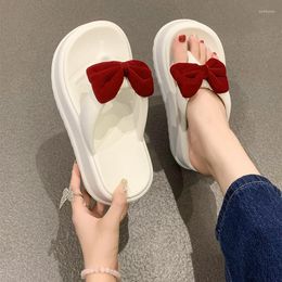 Slippers 2023 Summer Flat Women Genuine Leather Black White Flops Thick Sole Mules Casual Comfort Bowknot Slides Woman 41