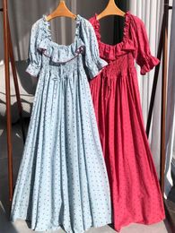 Casual Dresses French Ladies Polka Dot Embroidery Sweet Ruffles Midi Dress Women Square Neck Elastic Waist Loose Long Robe 2023