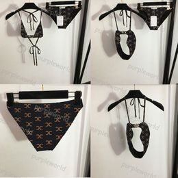 Swimwear Sexy Women Metal Halter Top Two Bathing Suit Triangle Bikini Summer Swimwear Beach Bikini Set241G