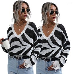 Women's Sweaters Women Long Sleeve Loose Sweater Sexy Deep V-Neck Striped Printed Pullover Crop Top Vintage Ripped Trim Knit Jumper N7YE